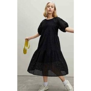 Everlane The Tiered Eyelet Puff Sleeve Cotton Midi Dress Black Pockets